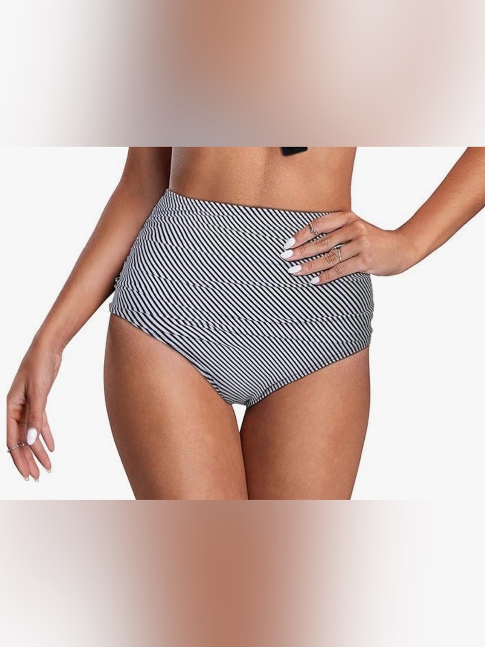 High-Waist Black & White Striped Women's Swim Bottom